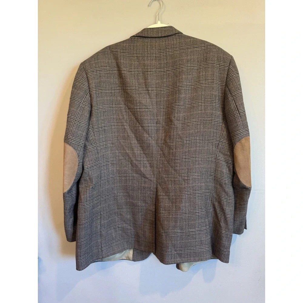 Meeting‎ Street Brown Plaid Lambswool Blazer Leather Elbow Patch 46R Equestrian